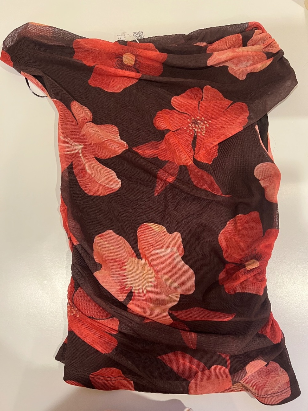 NWT MANGO Floral Mesh Draped Cowl Neck Off the Shoulder Top  - Size S
